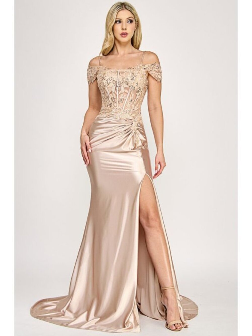 Clearance Off-Shoulder Beaded Corset Satin Gown with High Slit Slit By 8348